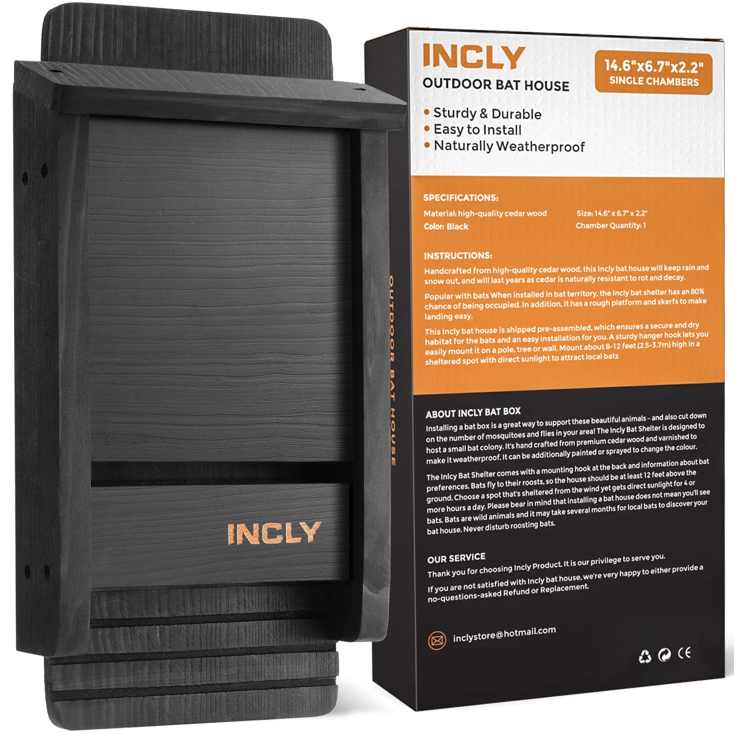 Photo 1 of INCLY Small Bat House Kit for Outdoors 14.6"x6.7"x2.2" Shelter Box Roosting Single Chamber Black Natural Cedar Wood, Pre-Finished Easy to Install