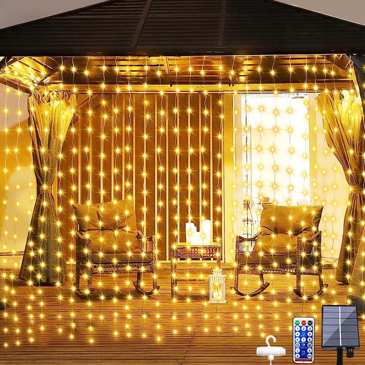Dekofun Solar Curtain Lights 3M x 3M 300 LED Curtain Fairy Lights with Remote，8 Modes Outdoor Waterproof Hanging Fairy Light for Wall Gazebo Garden Pergola Patio Wedding Party Balcony Decorations
