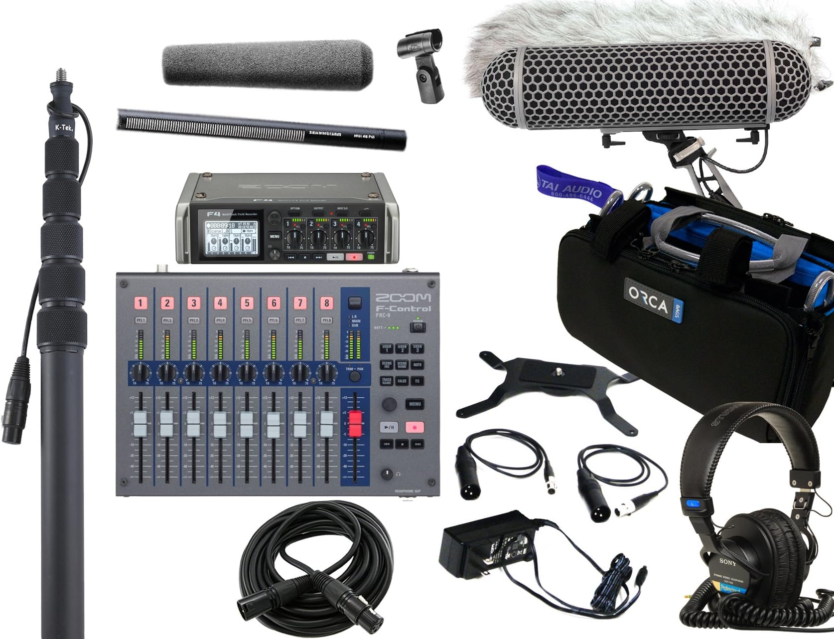 Zoom F4 Field Recorder & Sennheiser MKH416 Shotgun Mic Bundle with Zoom F-Control, K-Tek Boompole, Orca OR-27 Mixer Bag, Rode Blimp Windshield Kit, Sony MDR7506 Headphones & XLR Cable