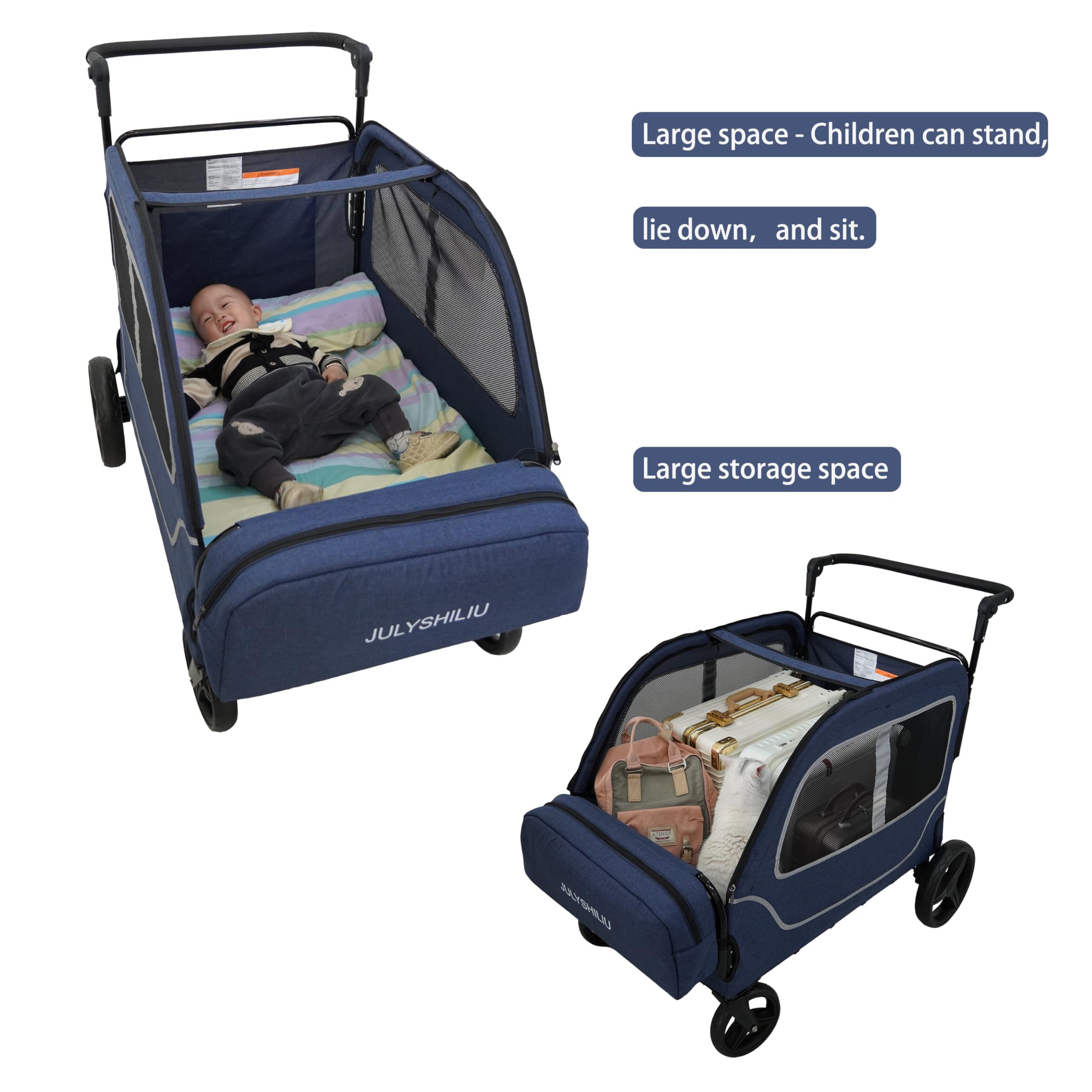 Wagon for Kids 4 Seater Wagon Stroller Travel All Terrain Foldable 2 3 5 Year Old Toddlers Child Twins Triple Quad Stroller with Bench Seat Storage (Deep Blue)