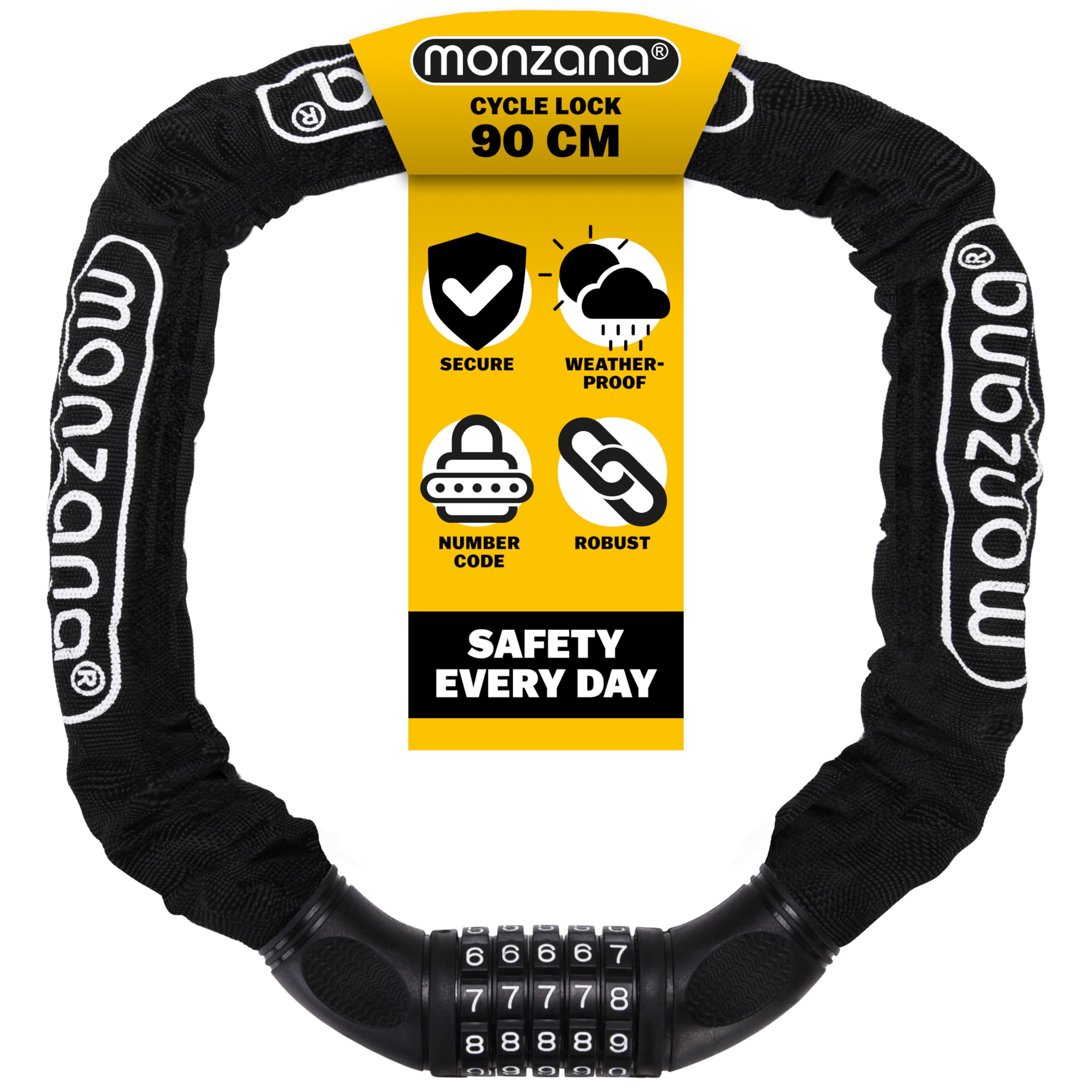 Monzana® 90cm Bicycle Combination Chain Lock | 6mm Thick Steel Links | 5 Digit Re-settable Lock Barrel | Weatherproof Textile Protective Cover | Bike Motorcycle Scooter | Black