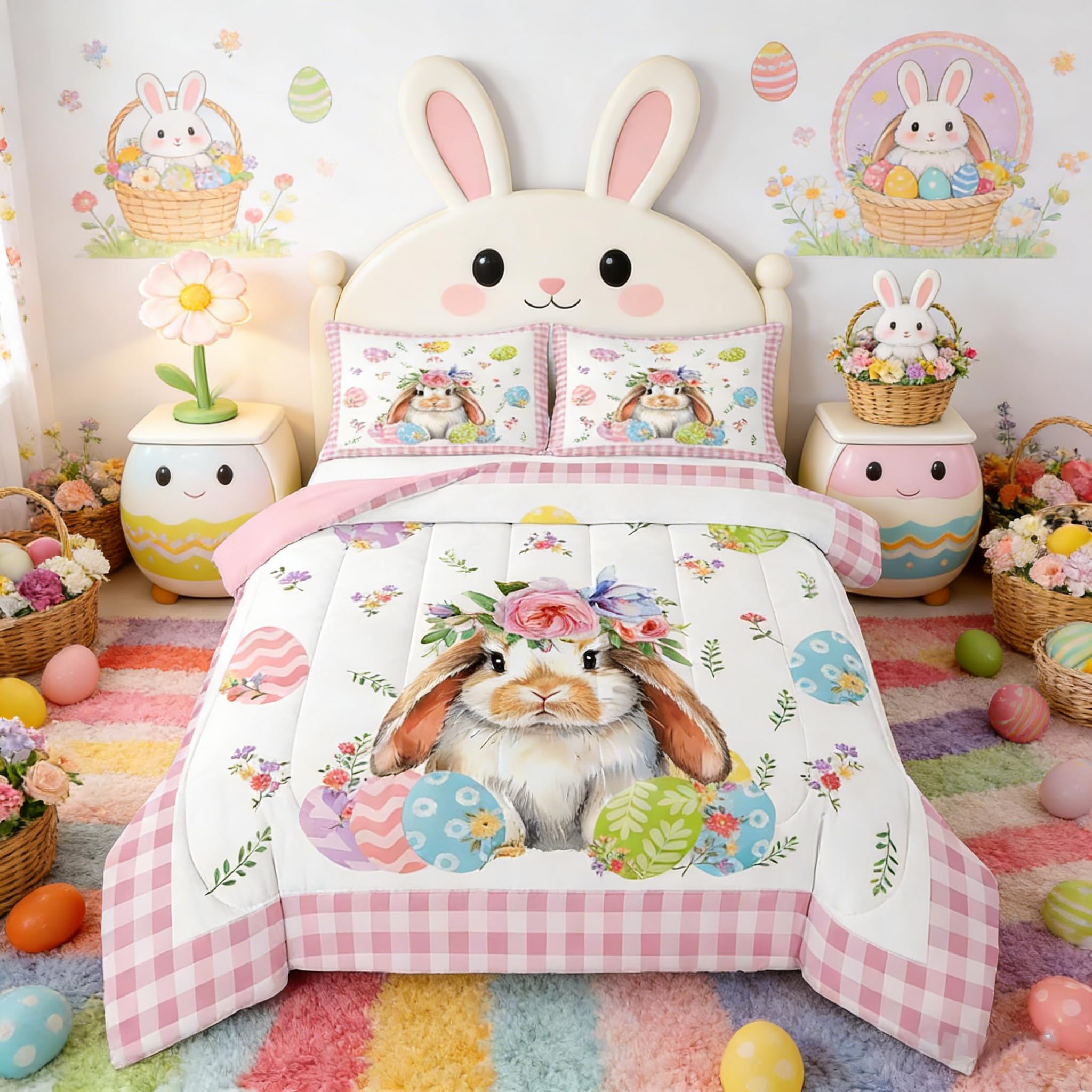 Photo 1 of Homewish Happy Easter Comforter Set Queen Size Cute Rabbit Animals Bedding Set 3pcs for Kids Girls Women Boys Room Decor Colorful Flowers Egg Quilt Set Pink Geometric Grid Duvet Insert,2 Pillowcases