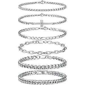CASDAN 6pcs Silver Stainless Steel Bracelets for Men Women Hypoallergenic | Cuban Link, Rope Chain, Paperclip Chain,Metal Men