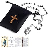 HanlinCC Catholic Rosary Necklace with Miraculous Medal and Pardon Crucifix with PU Leather Rosary Pouch and Pray Card for Men and Women