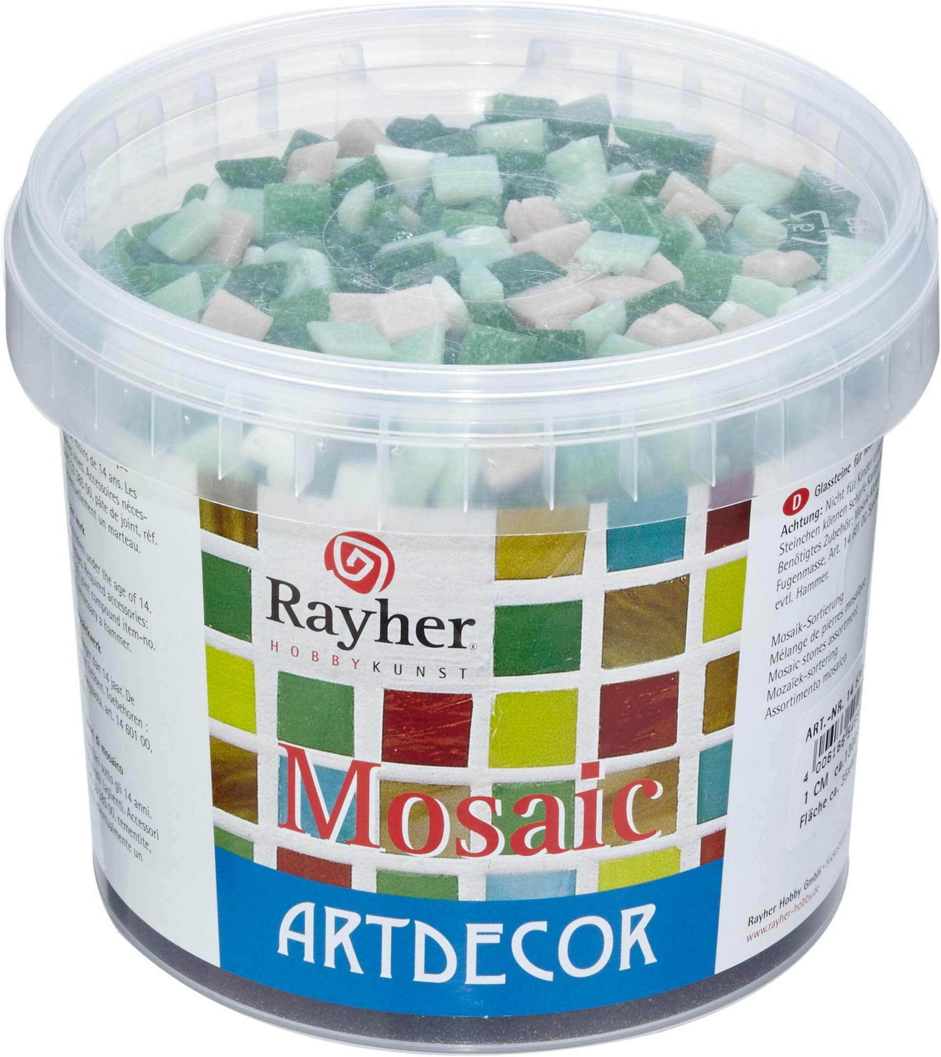 Rayher Mosaic Stones, 1 cm, Bucket 1300 pcs. / 1 kg, Green Shades, 1.35 x 1.35 x 1.1 cm