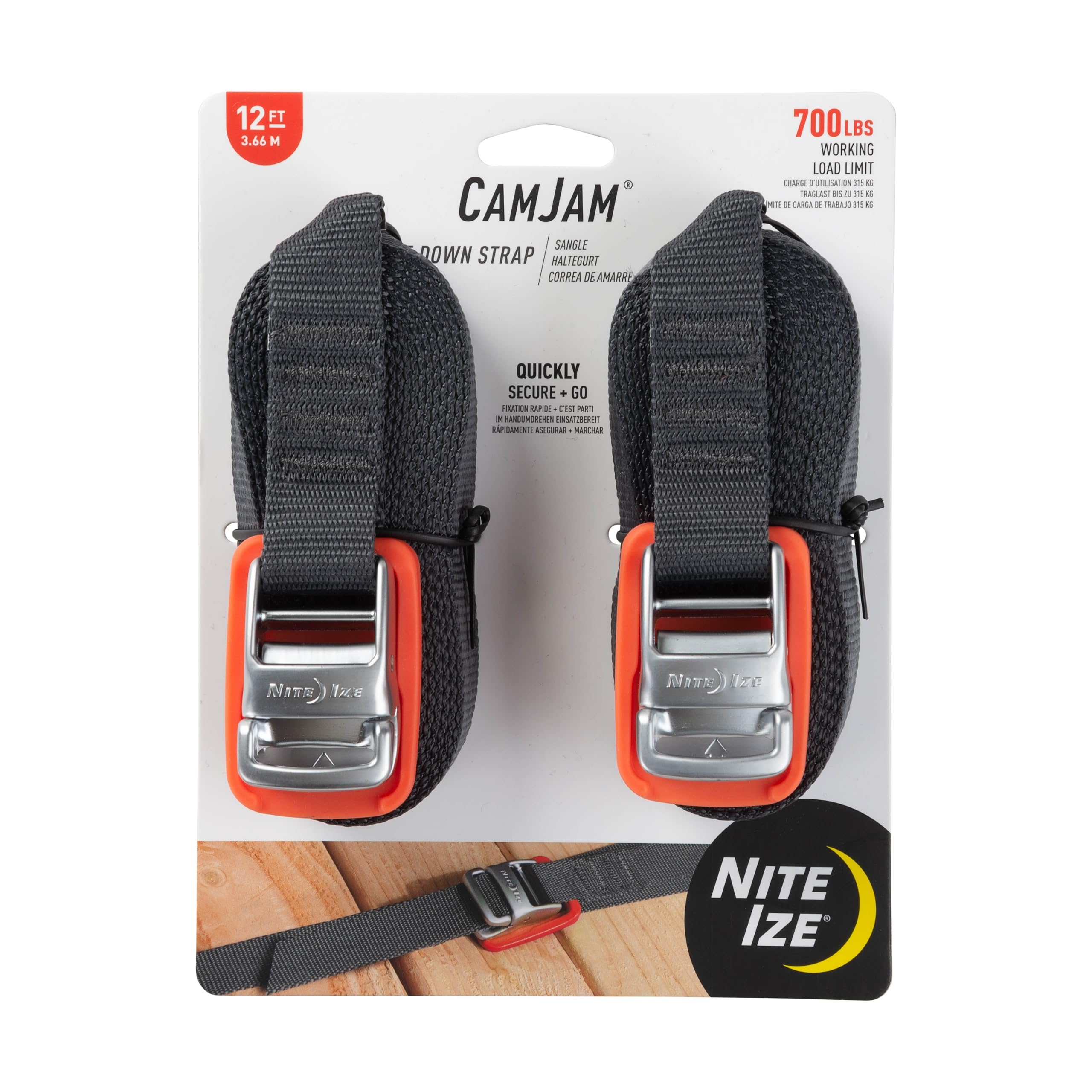 Nite Ize CamJam Tie Down Strap - Tie Down Ratchet Straps - Straps for Trucks & Cars - Tie Downs for Luggage, Camping Gear & Other Loads - Moving Supplies - 12 ft Strap, Orange (Pack of 2)