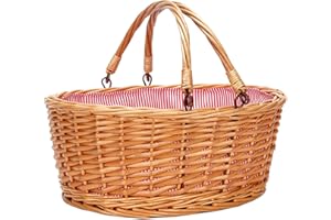 TwentyNext Wicker Picnic Basket with Double Folding Handles, Natural Large Willow Hamper Empty Basket Cheap Easter Eggs Candy Storage Wine Basket for Toy, Flower, Wedding（Red 16inch）