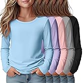 LessonZoo 5 Pack Girls' Long Sleeve Shirts Kids Crewneck Basic Tees Solid Color Fall Winter Tops Bulk 5-14 Years
