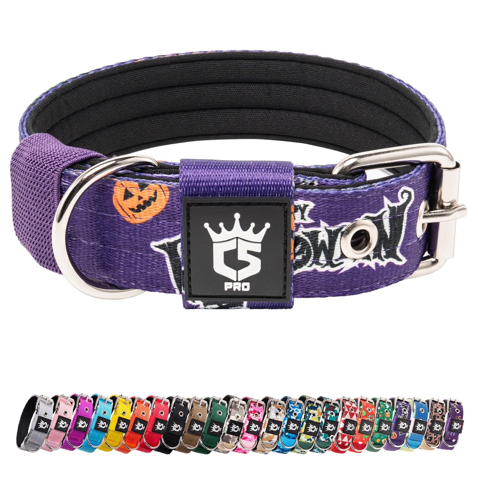 TSPRO Heavy Duty Tactical Dog Collar 1.25" Wide, Padded Dog Collar with Metal Buckle, Adjustable for Walking Training Outdoor for Small Dogs (Halloween Purple, S)