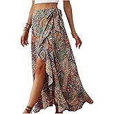 Verdusa Women's Asymmetrical Wrap Skirt Flowy Floral High Waist Split Side Maxi Vacation Skirt