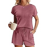 Ekouaer Pajamas Set for Women 2 Piece Pjs Ribbed Knit Lounge Set Cap Sleeve Loungewear Sleepwear S-XXL