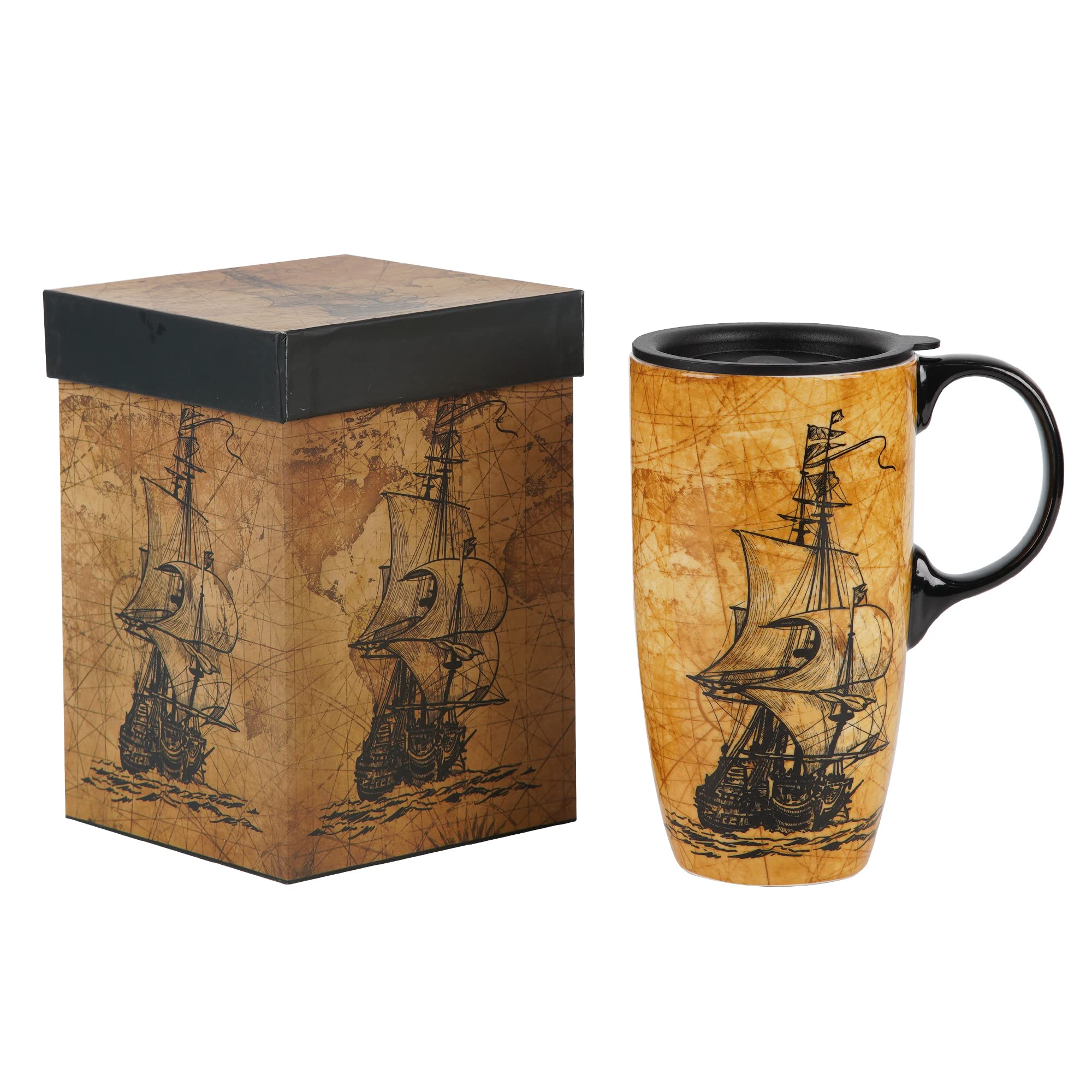 Topadorn Ceramic Mug with Gift Box Coffee Mug Latte Mug with Lid and Handle,17oz. Sailing Ship