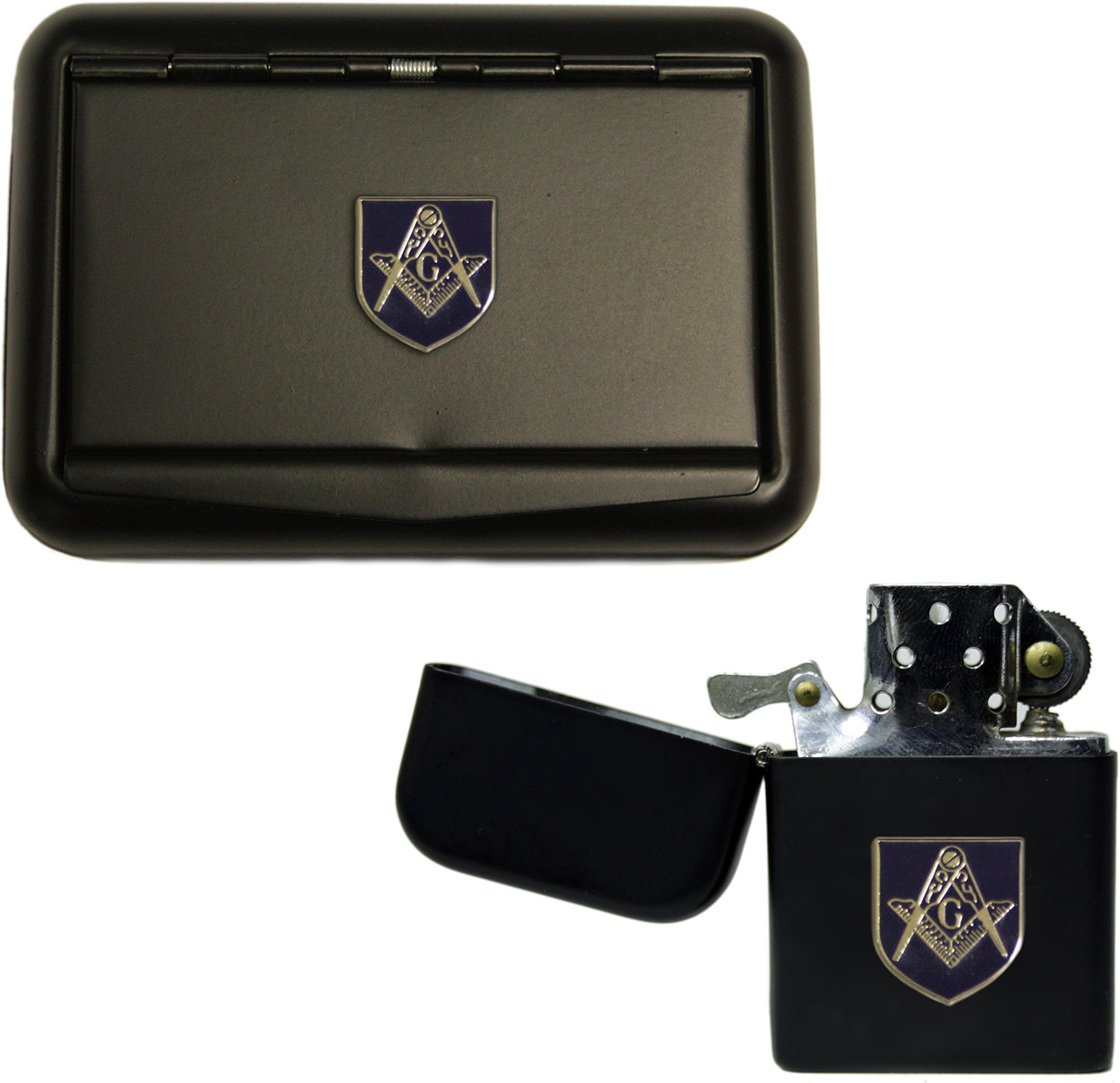 Matte Black Masonic G Tobacco tin and stormproof Petrol Lighter