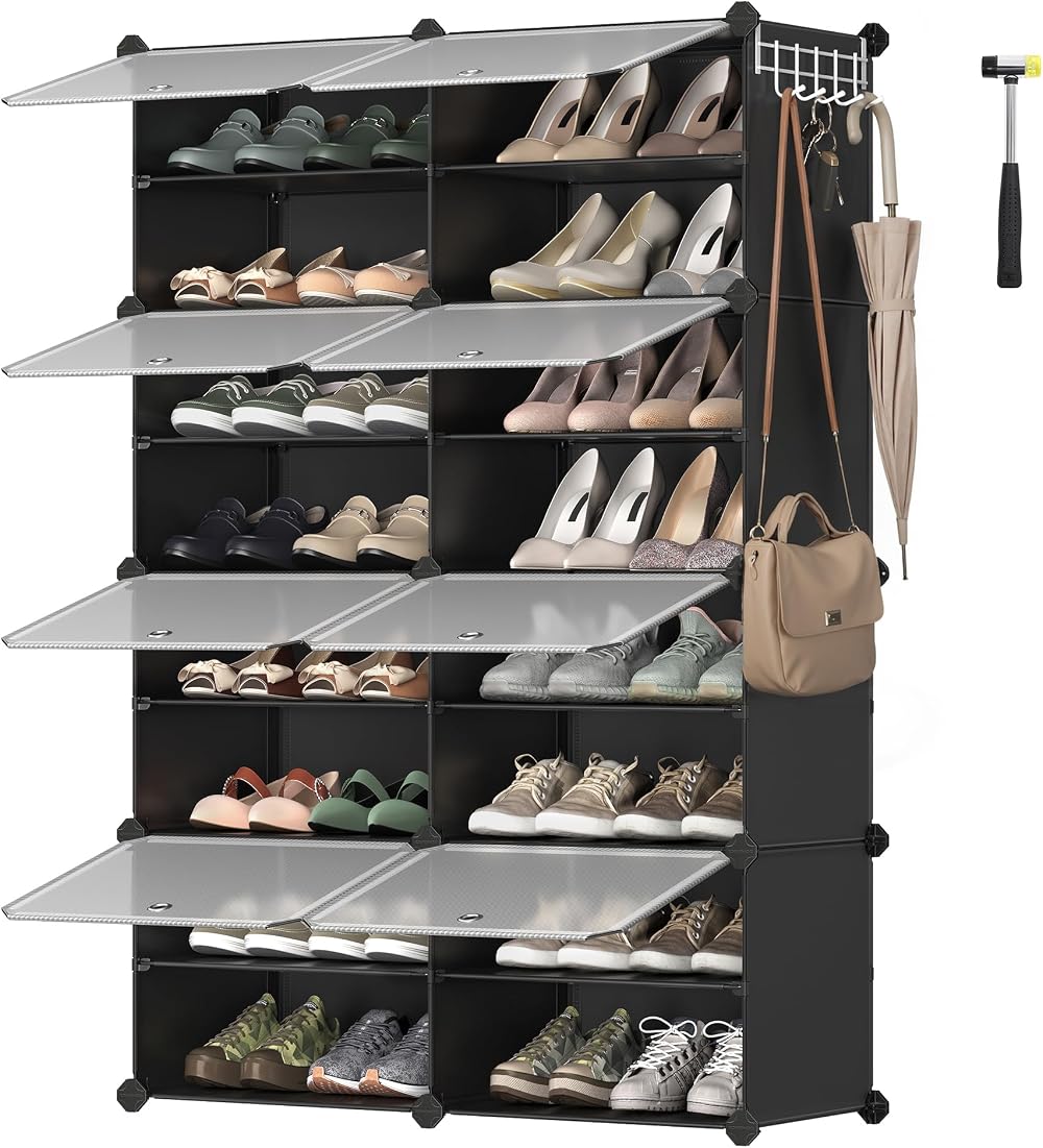 SONGMICS Interlocking Shoe Rack 8-Slot Storage Cabinet with Doors Black