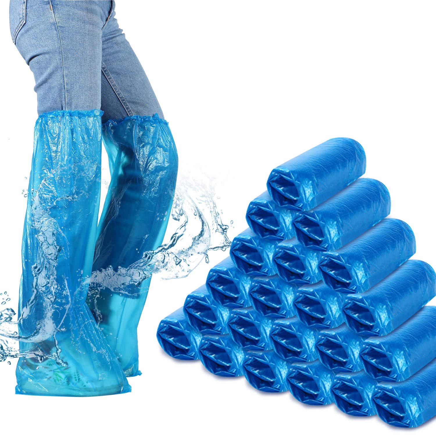 Disposable Boot Covers Plastic Long Waterproof Shoes Cover Over The Knee Shoes Cover for Men Women (70 Pieces/ 35 Pairs)