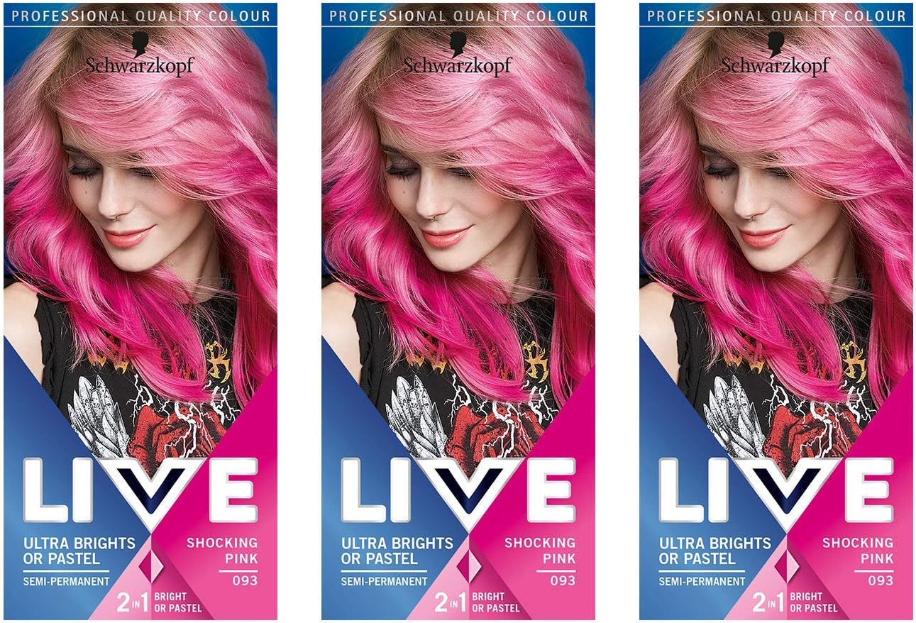Schwarzkopf LIVE Ultra Bright or Pastel Pink Hair Dye, Pack 3, Semi-Permanent Colour lasts up to 15 washes - 093 Shocking Pink