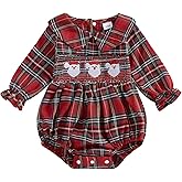 Adobabirl Baby Girl Christmas Outfit Santa Claus Bubble Romper Long Sleeve Embroidery Plaid Jumpsuit Cute Christmas Clothes