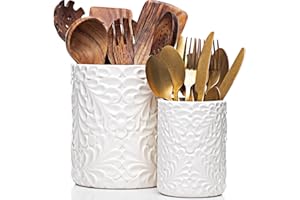 25DOL Large 7.3"+5.4" Engraved Ceramic Utensil Holder for Countertop, Cooking Utensils Organizer for Spatula, Large Utensils Crock for Kitchen Counter, Kitchen Decor, set of 2, White