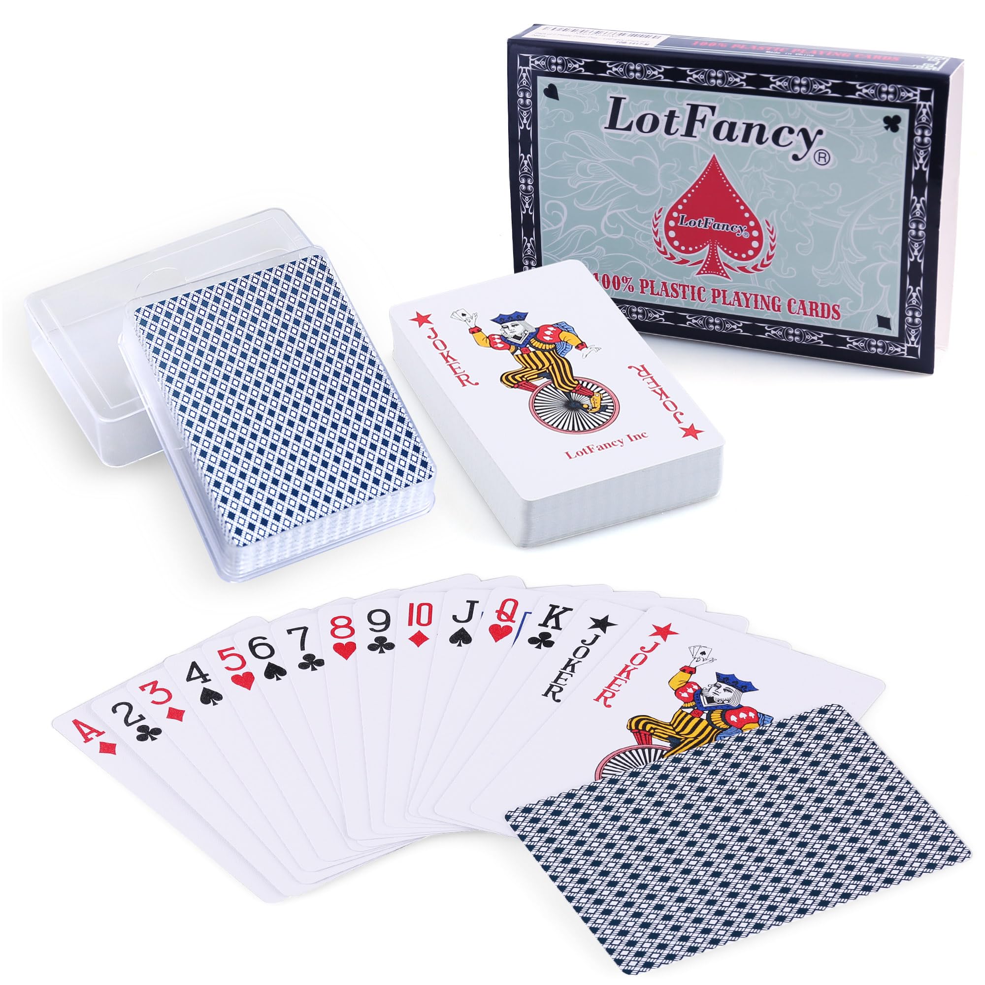 LotFancy Plastic Playing Cards 2 Decks, Poker Cards Waterproof with Plastic Cases, Poker Size Standard Index, for Magic Props, Pool Beach Water Card Games