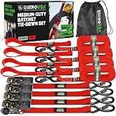 Rhino USA Ratchet Straps Tie Downs (4-Pack) - 1in x 15ft with S Hooks | 1,823lb Break Strength. Manual Ratchet w/ S Hooks &amp; Soft Loops. For Trucks, Cargo, Moving, Appliances &amp; Furniture. Red