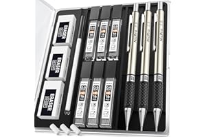 Nicpro 3PCS 0.9mm Mechanical Pencil Set with Case, RG1000 Metal Art Drafting Pencils Drawing with 6 Tube HB Lead Refills, 3 E