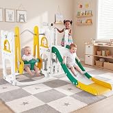 IDEALHOUSE 7 in 1 Toddler Indoor Playground Slide and Swing Set | Kids Freestanding Toddler Slide, Basketball Hoop, Telescope, Climber &amp; Safe Enclosed Steps