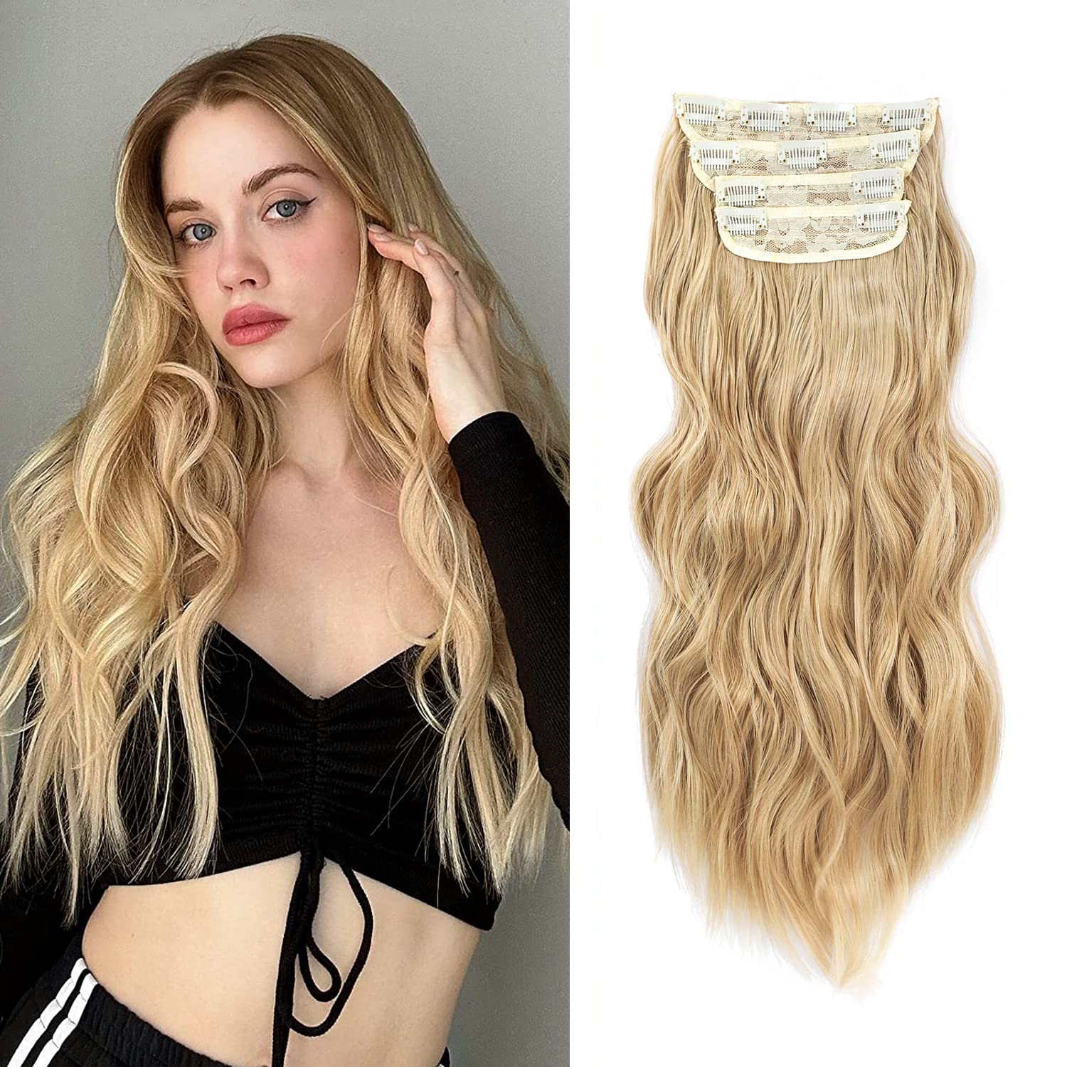 Hair Extensions Clip In 20Inch Long Wavy Hair Extensions 4Pcs Synthetic Full Head Hairpieces Seamless Weft for Natural Volume for Daily Use & Any Occasions Weft for Natural Volume Golden Blonde — image 1