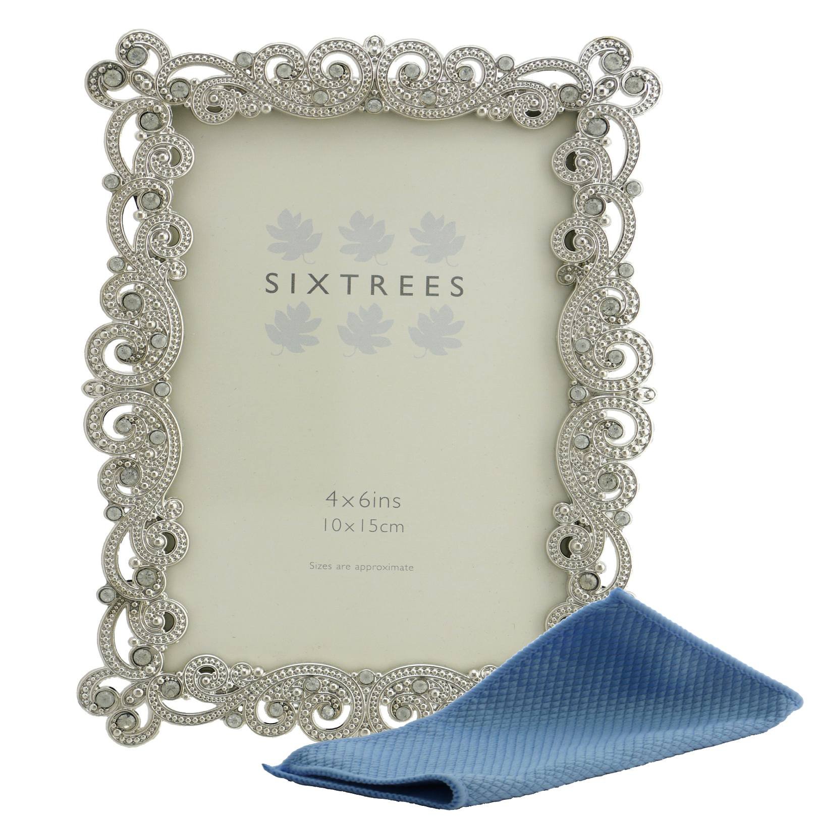 Sixtrees Matilda Antique Vintage and Shabby Chic Style silver metal 4 x 6 inch photo frame with beads and crystals. Complete with microfibre cleaning cloth.