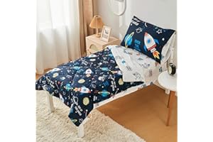 beeweed 2 Sides Design Rocket Toddler Comforter Set, 4 Pieces Space Ship Toddler Bedding Set Boys Girls, Includes Comforter, Fitted Sheet, Flat Sheet & Reversible Pillowcase