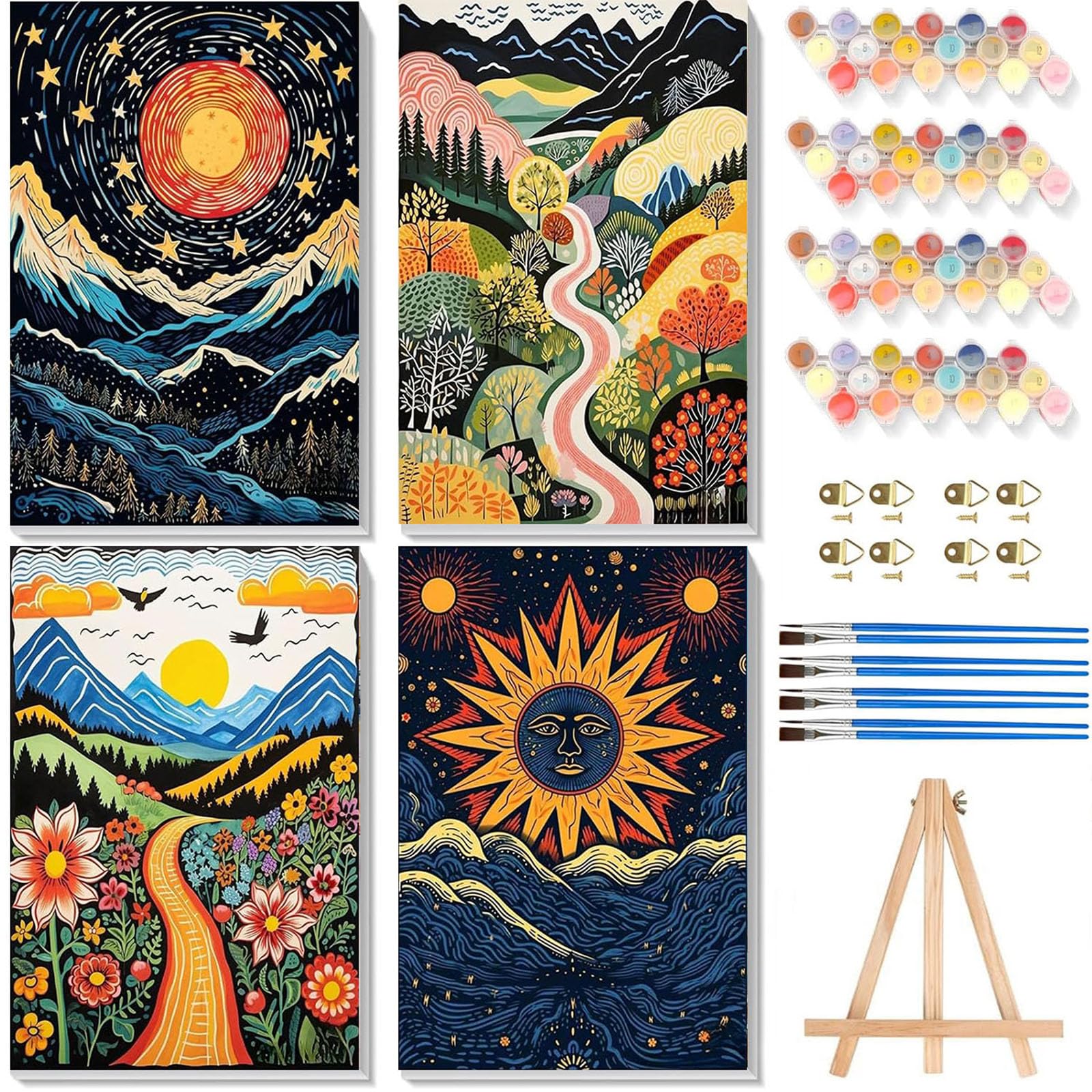 4 Pack Paint by Numbers for Adults with Framed Canvas & Wooden Easel, Abstract Landscape Adult Painting by Number Kit on Canvas, DIY Acrylic Oil Painting Kit with Brushes for Home Wall Decor 8x12 inch — image 1