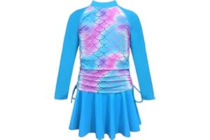 Girls Two Piece Rash Guard Long Sleeve Swimsuit Protection Printed Swimsuit with Skirt 6-12T (Sky Blue-Printing, 8-10 Years, 