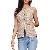 Allegra K Plaid Vest Top for Women's Gingham Button Down Sleeveless Office Crew Neck Dressy Waistcoat