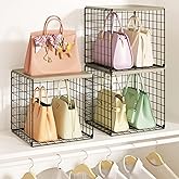 Stackable Purse Organizer for Closet, Wire Purse Storage with Wooden Top, Large Capacity Handbag Storage Basket for Closet Shelves, 3 Pack Breathable Handbag Organizer for Totes, Clutches & Backpacks