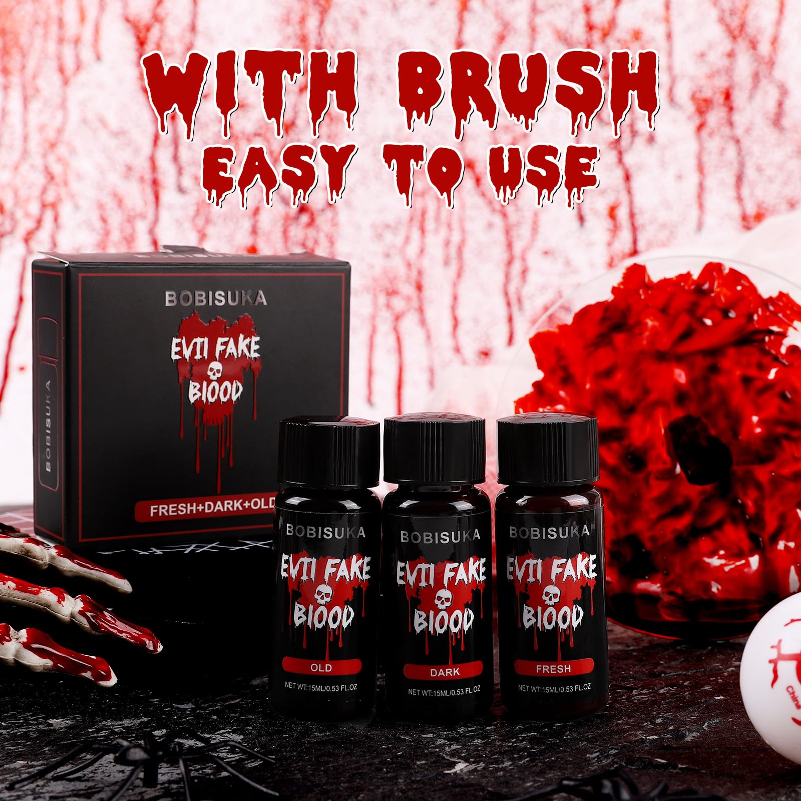 BOBISUKA 3PCS Halloween Fake Blood Makeup Kit, Dark Fake Blood 0.53oz + Fresh Fake Blood 0.53oz + Old Fake Blood 0.53oz, Realistic Washable Liquid Dripping Fake Blood Makeup Kit for Halloween, SFX Makeup, Cosplay Party, Stage, Horror Film