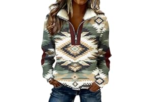 Western Aztec Quarter Zip Sweatshirt for Women Sherpa Collar Allover Geometric Print Shirt Long Sleeve Pullover Jacket Top