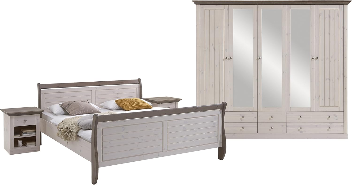 Steens Monaco Schlafzimmer Kiefer Massiv 4 Teiliges Set Bett Kleiderschrank Und Nachtkommode Ligeflache 180 X 200 Cm Kiefer Massiv Weiss Grau Amazon De Kuche Haushalt