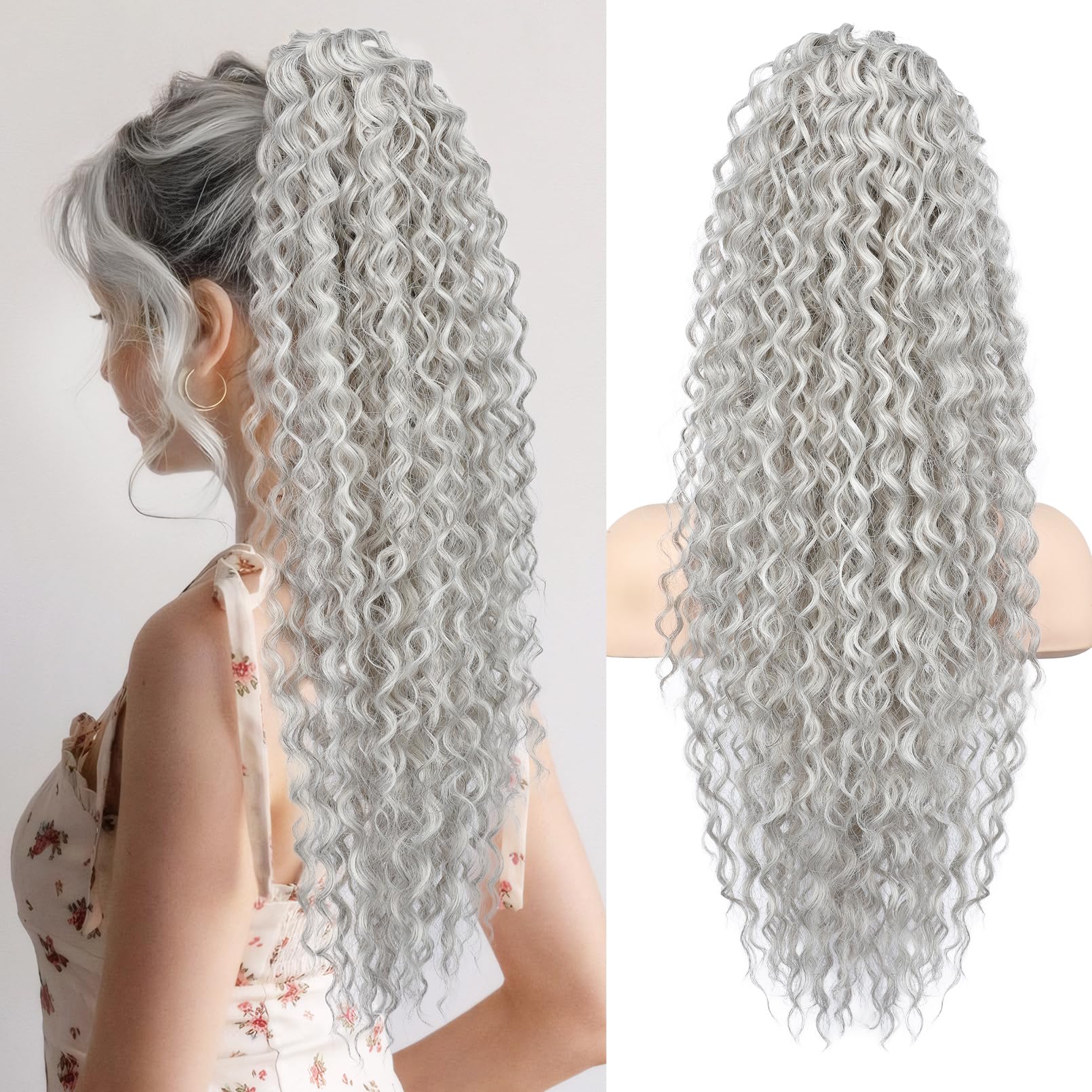 Photo 1 of Flufymooz Ponytail Extension, 26 Inch Bohemian Style Drawstring Ponytail Hair Extensions for Women, Long Curly Wavy Pony Tail Natural Synthetic Hairpiece for Women (Grey/Silver/White Mixed)