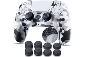 YoRHa Studded Printing Silicone Cover Skin Case for PS5 Controller x 1(White) with Pro Thumb Grips x 10