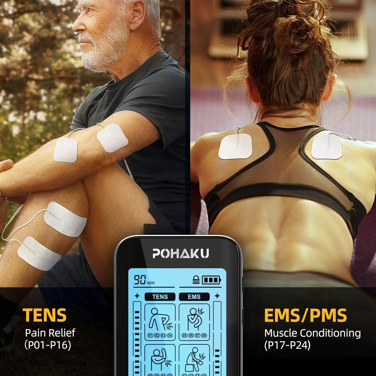 POHAKU 4 Outputs TENS Unit Muscle Stimulator for Pain Relief, Rechargeable TENS EMS Machine of Electric Stimulator Physical Therapy with 24 Modes, 10 Electrode Pads and Large LCD Screen: Health & Personal Care