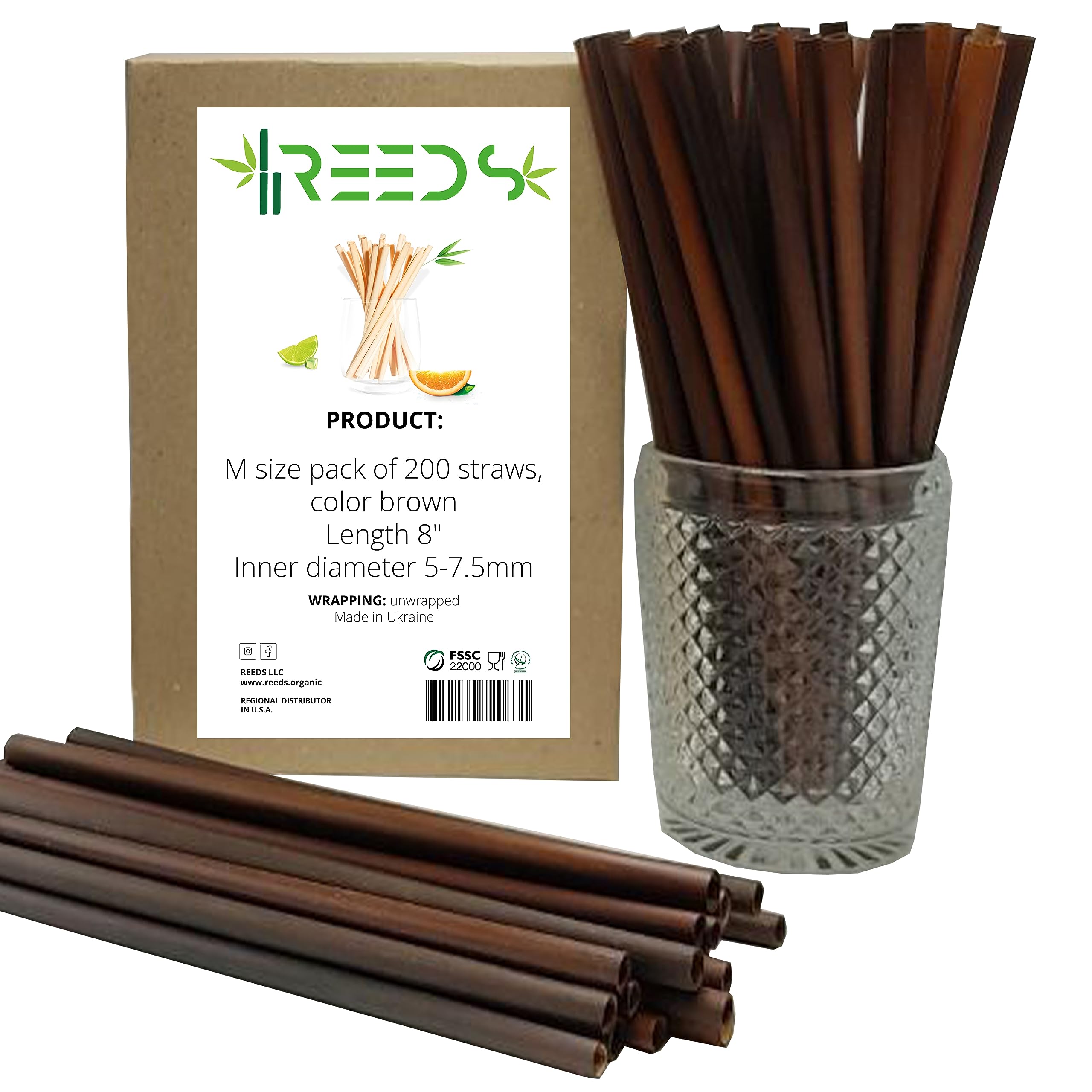 Photo 1 of Reed Drinking Straws, Ecological, Biodegradable, 100% Plant-based, Dark Chocolate Color, Great for Smoothies, Milkshakes, Frozen & Signature Cocktail, Hot Tea and Coffee, 200 ct. Tall 8 inch, Medium