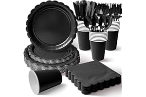 Vyntra 350 PCS Black Party Plates and Napkins Set with Cups, Forks, Spoons, Knives | Large Disposable Tableware for Birthday,