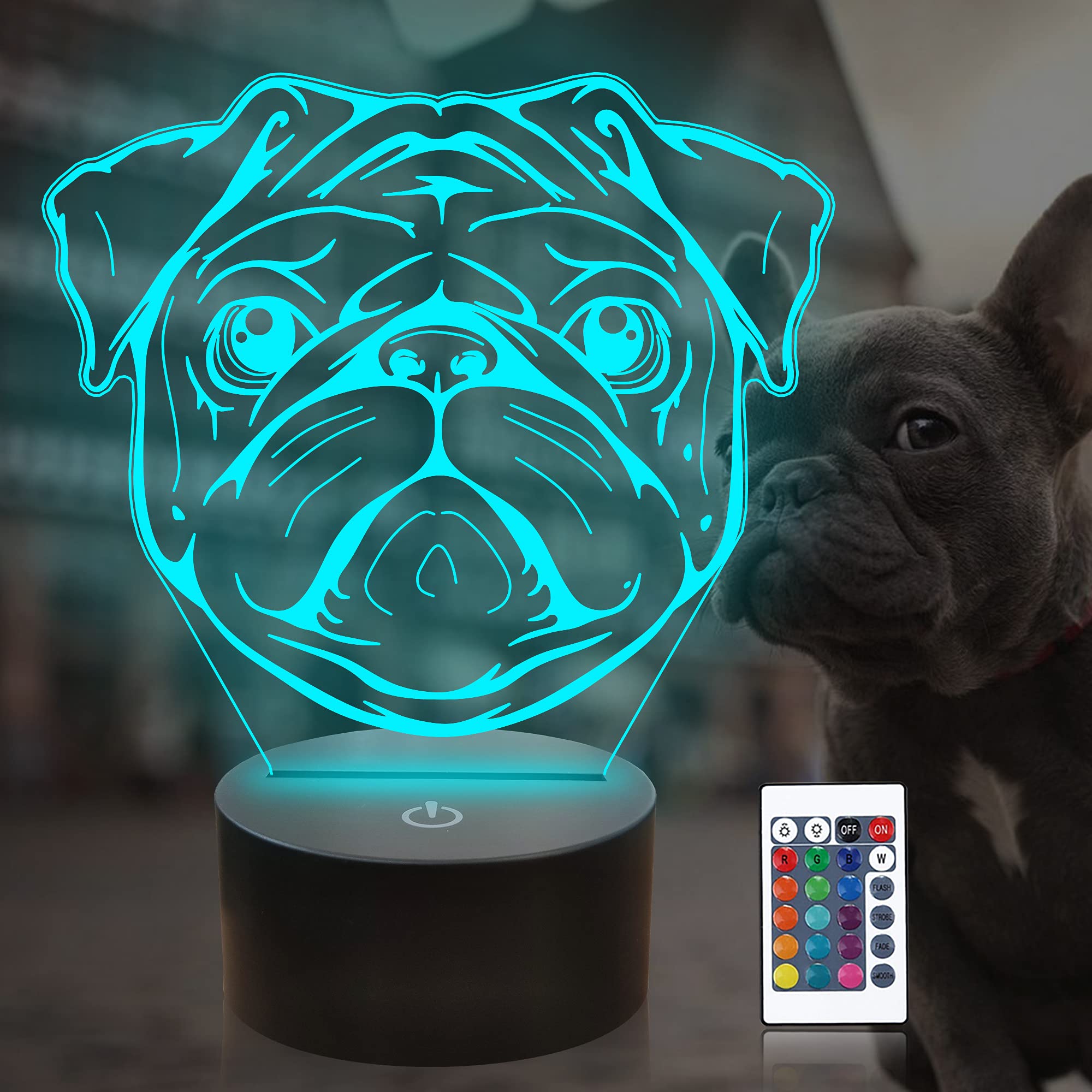Attivolife Pug Lamp Gifts, 3D Lamp with Remote Control, Cute Dog Illusion Table Bedside Night Light 16 Colors Changing, Pet Bedroom Decor Creative Christmas Birthday Present for Kid Child Toddler