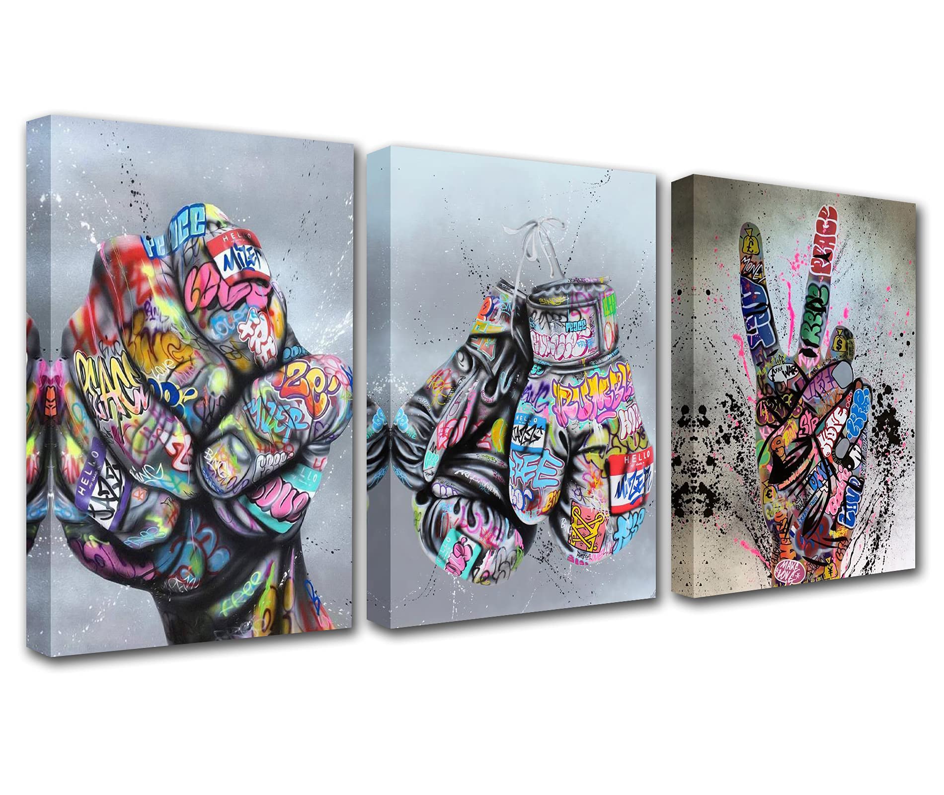 Graffiti Decor Fist Inspirational Fingers Pictures Colorful Hand Gloves Artwork Abstract Banksy Paintings Norse Artwork for Living Room 3 Panels Prints on Canvas Framed Ready to Hang(42''Wx20''H)