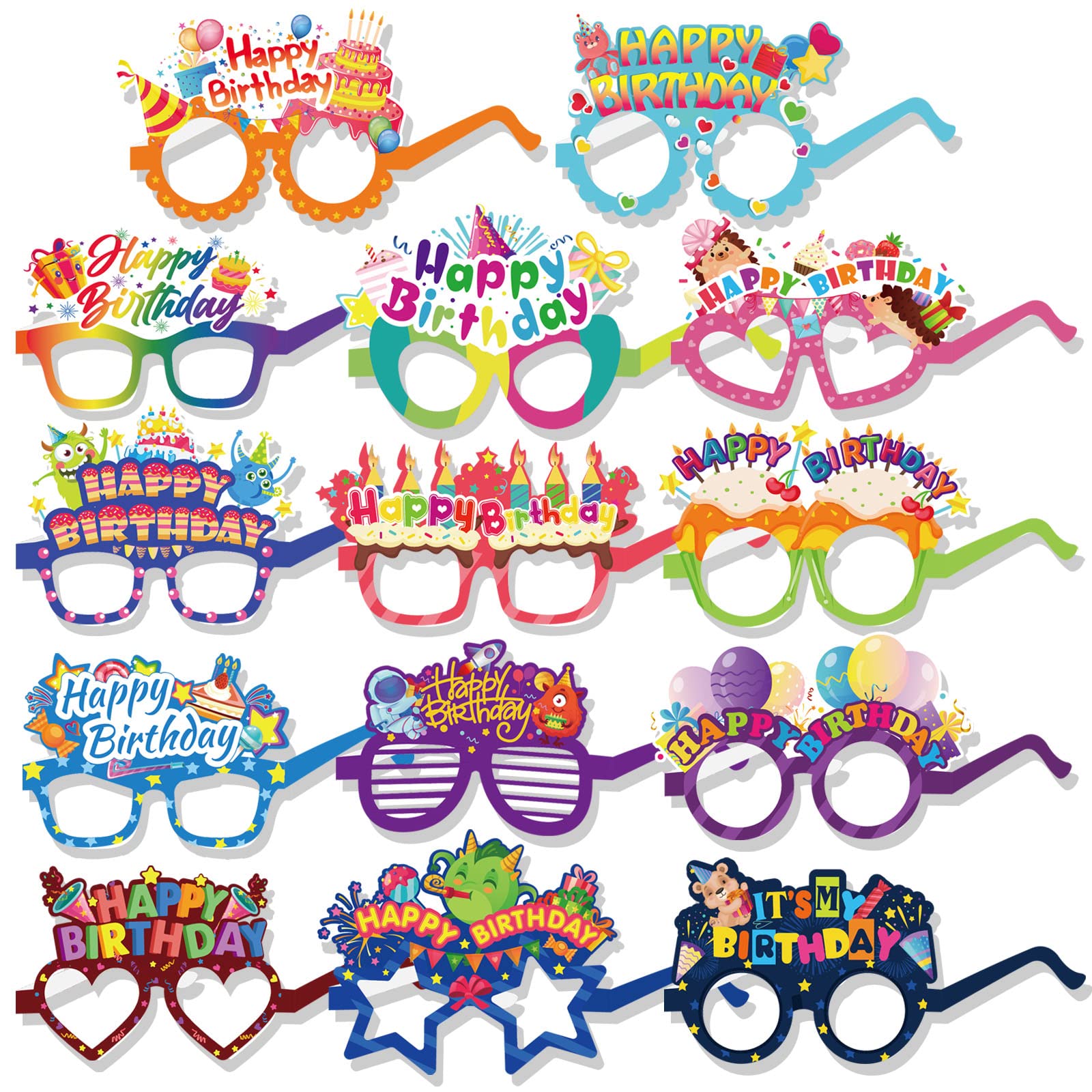 HOWAF 28pcs Birthday Party Glasses, Happy Birthday Glasses Photo Booth Props Birthday Paper Glasses Birthday Cake Birthday Photo Booth Birthday Paper Glasses for Kids Adults Birthday Party Decorations