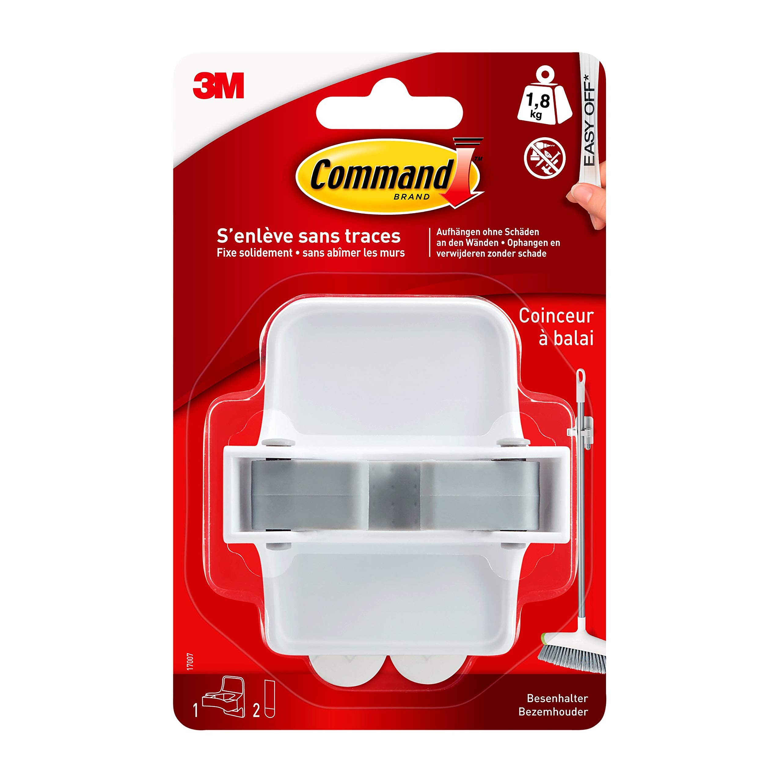 Command Broom Holder, 1 Hook and 2 Adhesive Strips - for Hanging Brooms, Brushes and Mops - Organise Without Damage - Holds up to 1.8 kg