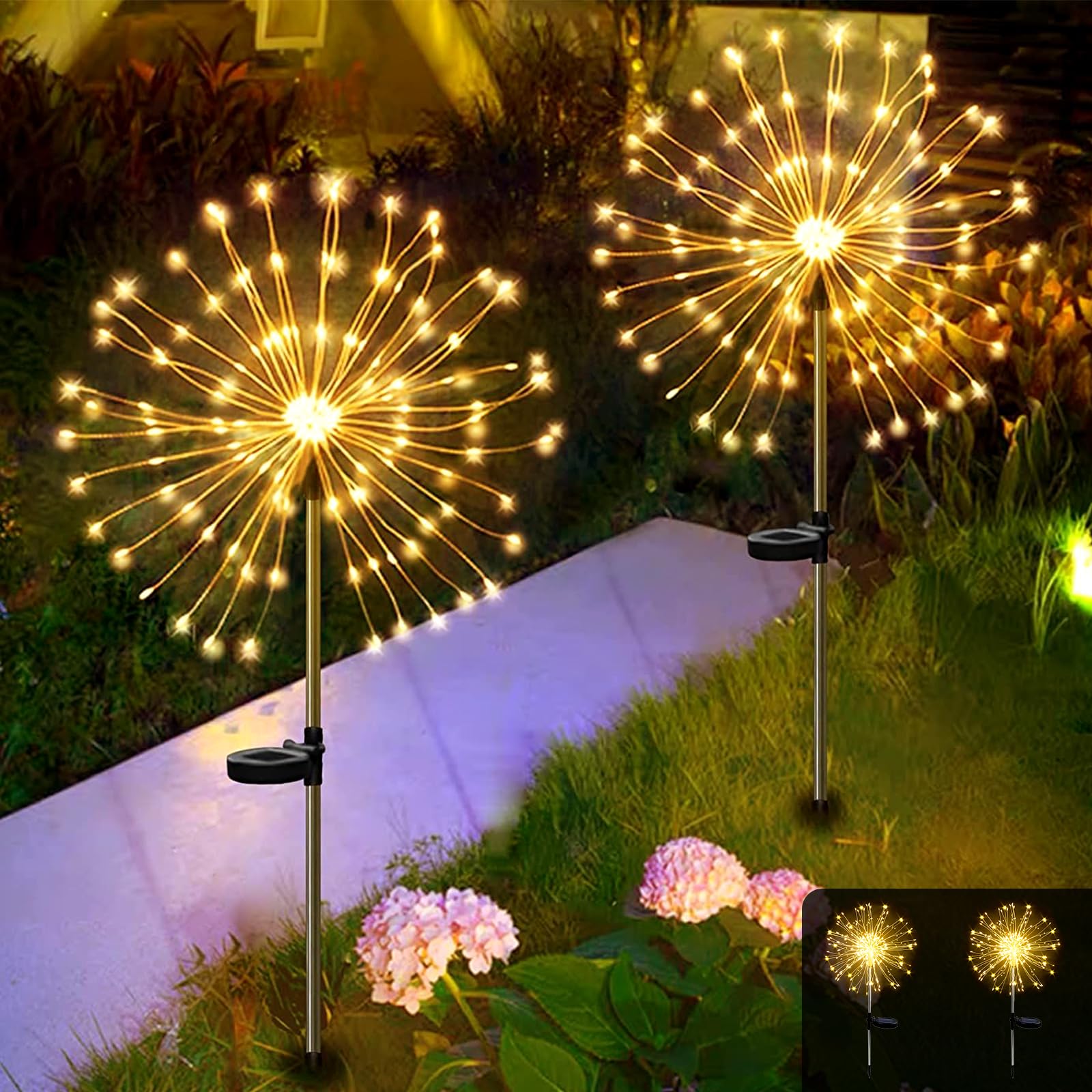 2 Pack Solar Firework Lights - 300 LEDs Waterproof Outdoor Lights with 8 Modes & Copper Wire for Garden, Pathway, Tree Landscape Decor