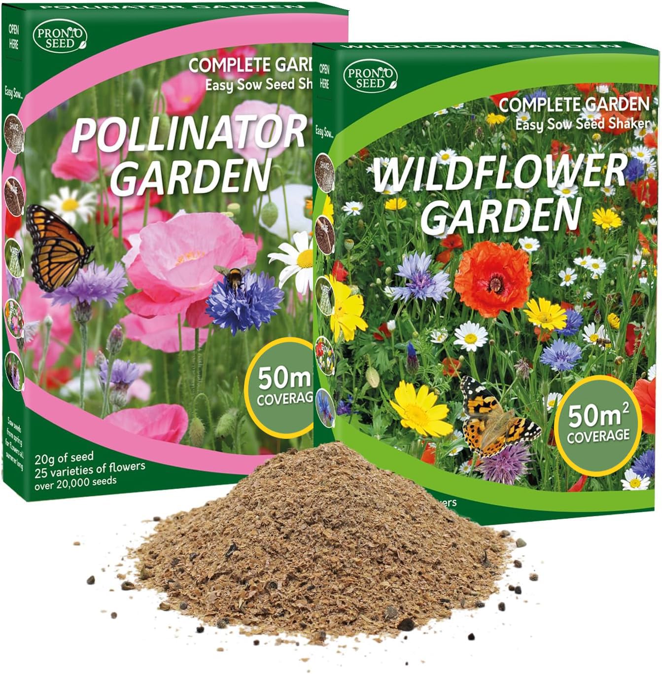Pronto Seed Wildflower Seed Shaker Twin Pack with Easy-Spread System - Butterfly & Bee Attracting Wild Flowers Seeds for UK Gardens, 100m2 Coverage - Spring & Summer Blooming