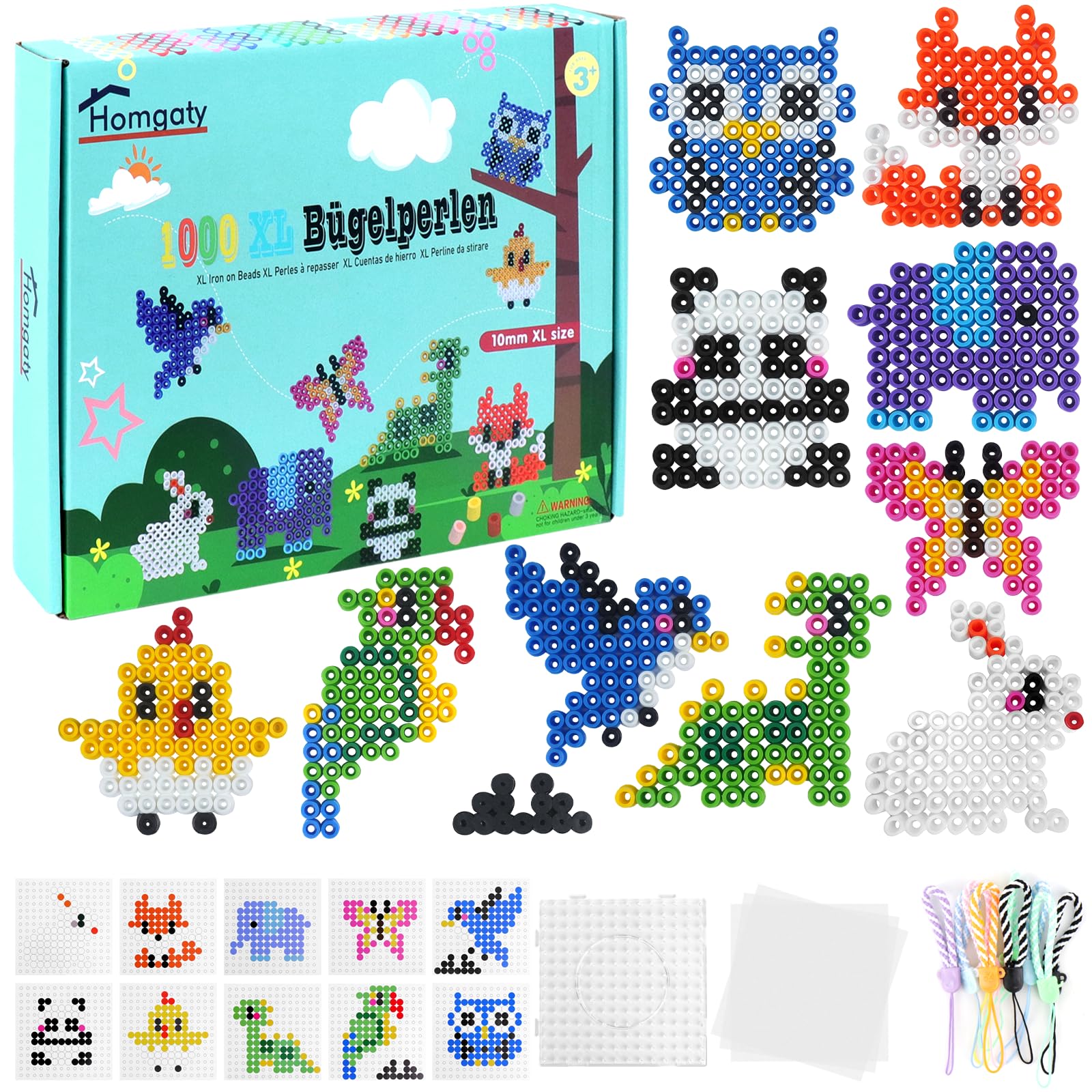 Homgaty Fuse Beads Kit, Clear Animal Shape Plastic Beads Pegboards Template Boards with 18 Pcs Colorful Cards for Craft Beads (Animal 10MM)
