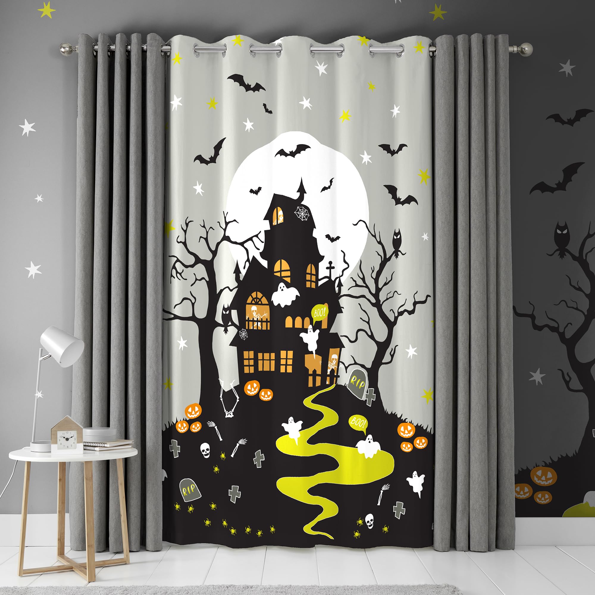 Bedlam - Glow in the Dark Eyelet Single Panel Curtain - Halloween Haunted House - 54'' Width x 84'' Drop (138 x 214cm) in Grey, Gray (HHUGY548461TU)