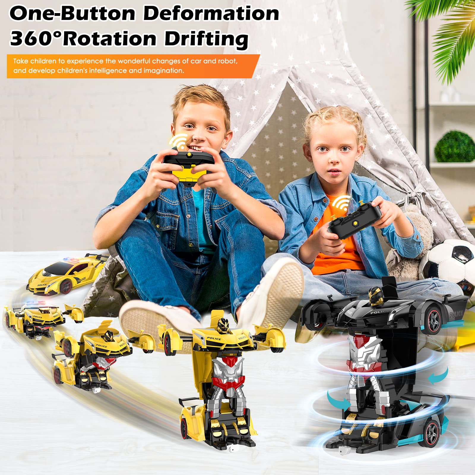 Febyhim Remote Control Car, 2.4Ghz Transform RC Cars, 1:18 Scale Police Car Toy with Flashing Light, One Button Transformation,360 Degree Rotating Drifting Toys for Boys Age 4-7